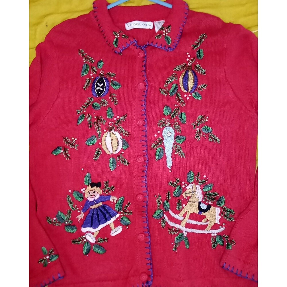 Victoria Jones Embroidery Christmas Sweater Cardigan Sz Small